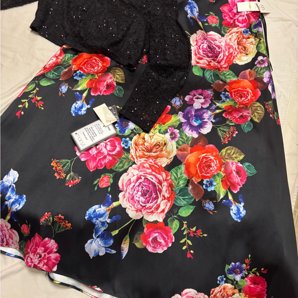 Floral Black Dress with Lace Top